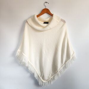 ALC Womens Poncho Cream Textured Knit Turtleneck Fringe Shawl One Size Cowl Neck